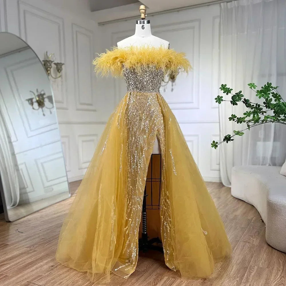 Zapdress Yellow Feathers Beaded Mermaid Evening Dresses with Overskirt Side Slit Party Gowns for Women DLA72061 Customized (ZD17213)