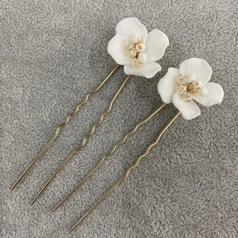 Porcelain Flower Hairpins White Floral Hair Pins Clips For Brides Bridesmaids Head Pieces Wedding Accessories Bridal Jewelry - View 2 | FashionDia