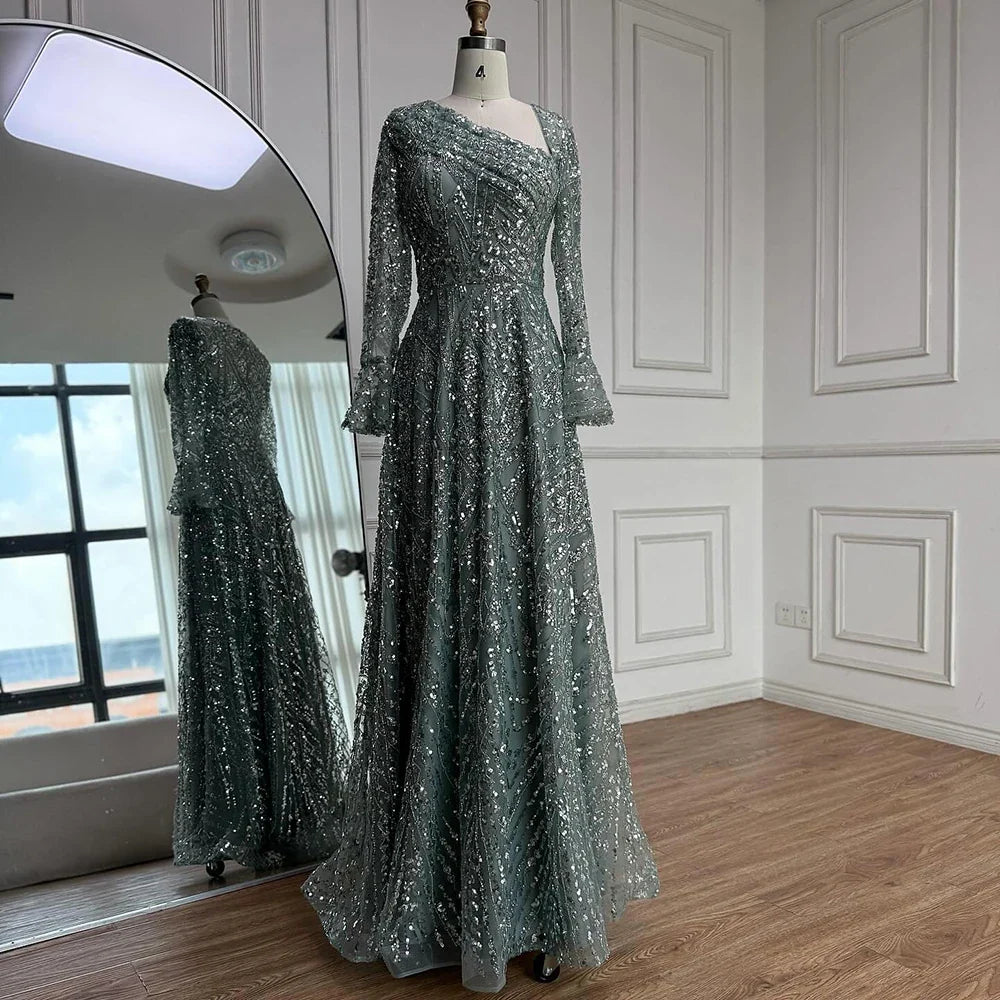 Zapdress Turquoise Long Sleeves A Line Pearls Beaded Evening Dresses Elegant Party Gowns for Women DLA73177 Customized (ZD17208)