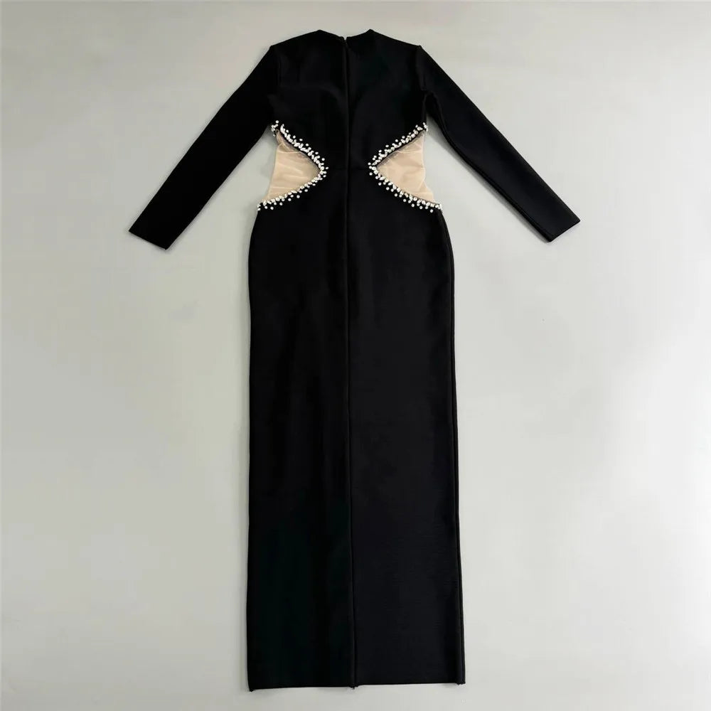 Black Color Women Long Sleeve Shinnign Crystal Waist Mesh Bodycon Bandage Long Dress Nightclub Party Celebrate Evening Dress