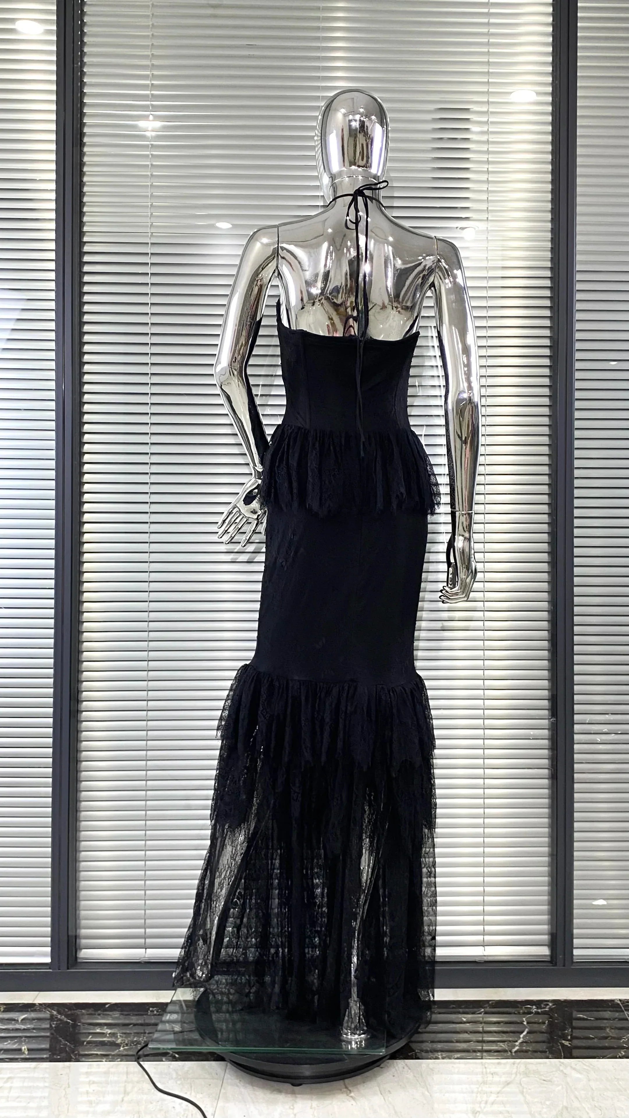 Pink Flowers Halter Sleeveless Black Lace Ankle Length Dress Celebrity Birthday Party Evening Dress Woman Voaction Outfit