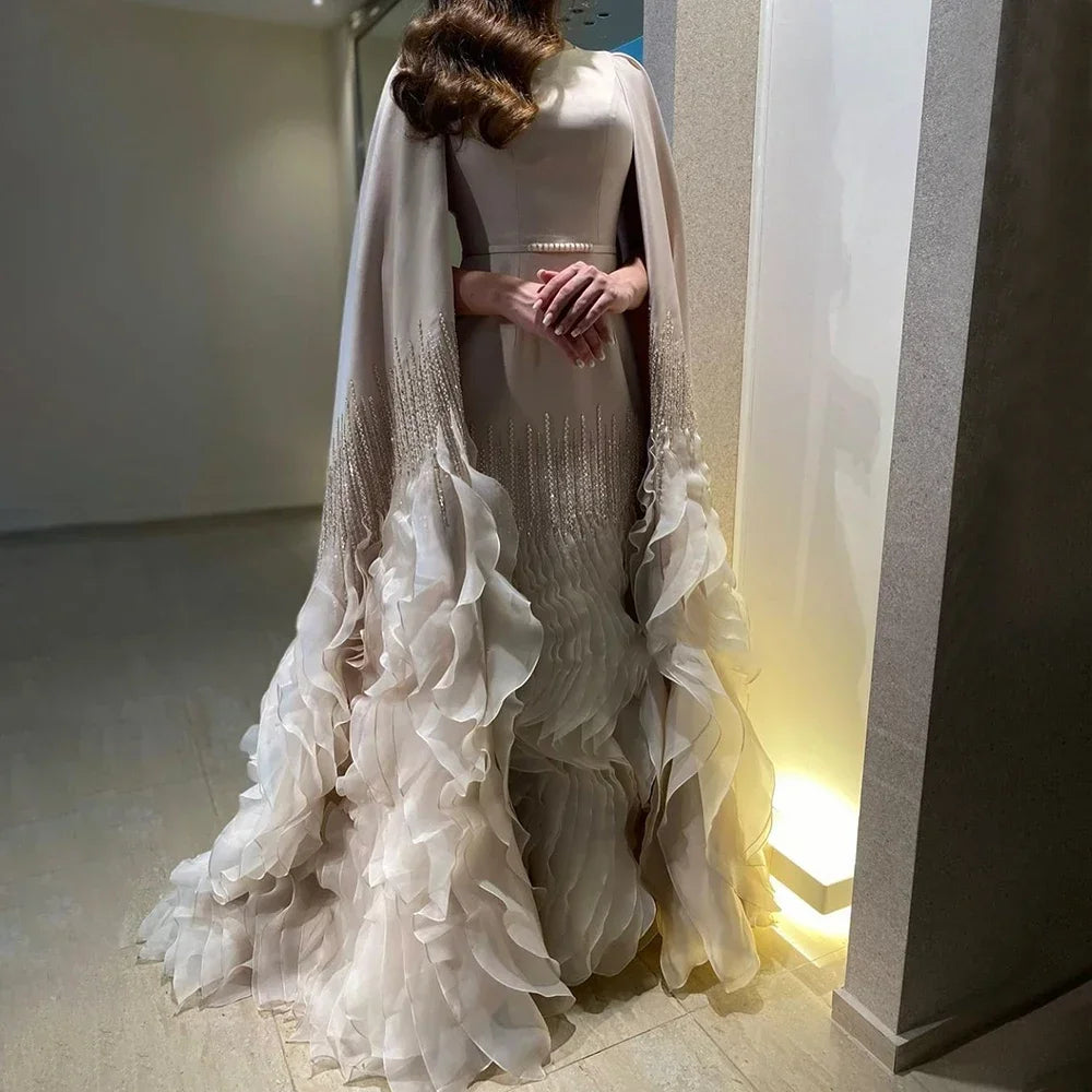 Zapdress 2025 Champagne Mermaid Luxury Cape Sleeves Beaded Satin Saudi Evening Dresses Gowns for Party DLA72317A Customized (ZD17235)