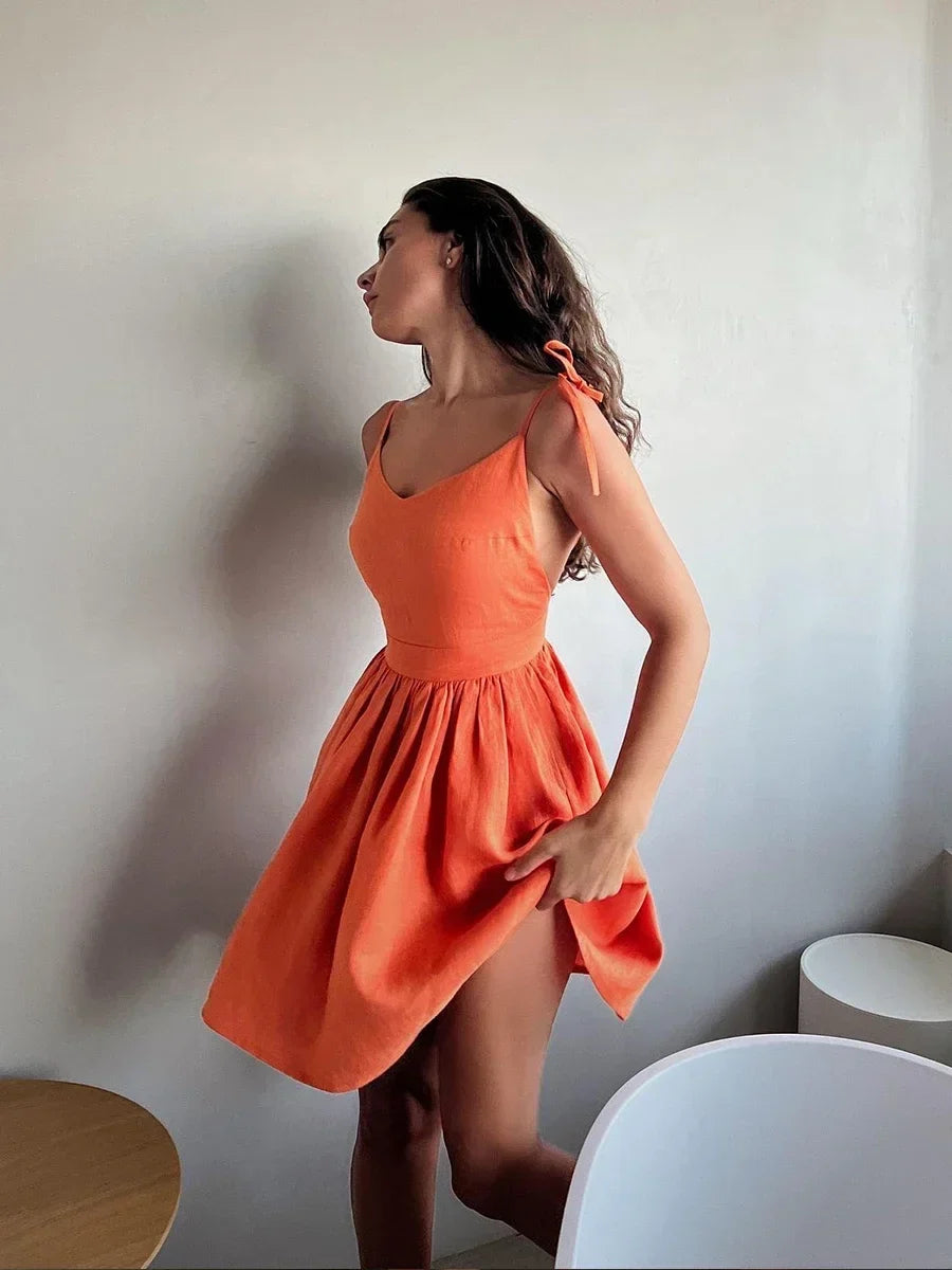 V Neck Spaghetti Strap Cotton Mini Dress - VelvetHem