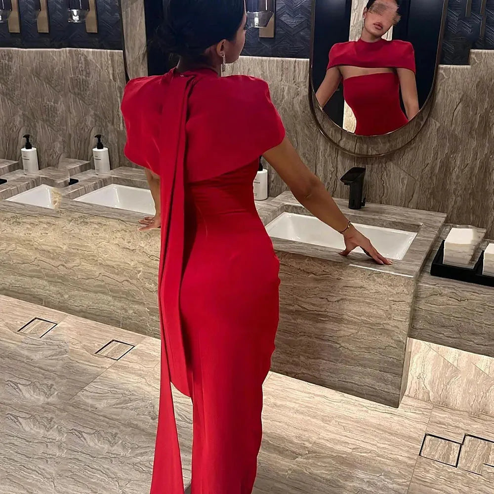 Red Crepe Arabic Evening Dresses For Women Special Occasion Dress Cap Sleeves High Neck Formal Night Club Party Gown As Picture