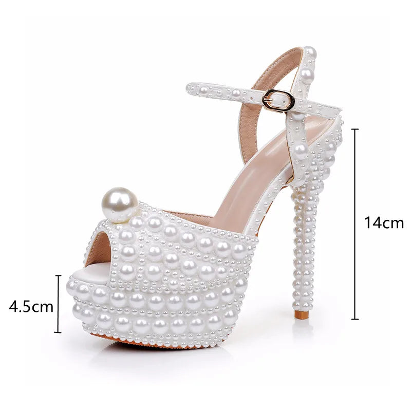 Luxury Full Pearls Beaded Peep toe Women Gladiator Sandals Fashion Summer Platform Wedges 14cm High heels Wedding Party Shoes - View 2 | FashionDia