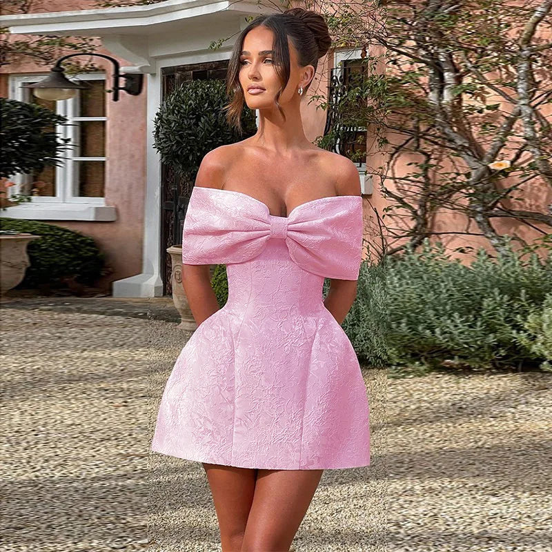 Jacquard Bow Strapless Backless Mini Dress - View 2 | VelvetHem