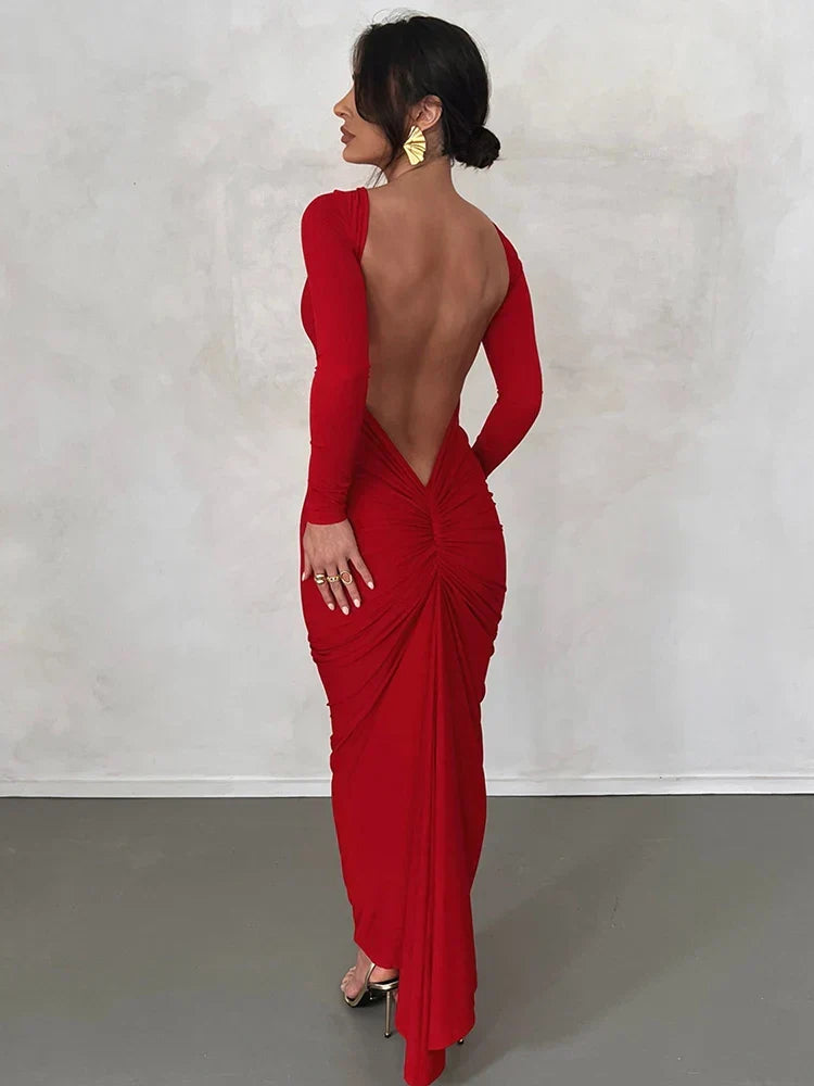 Draped Backless Long Sleeve Maxi Dress - View 4 | VelvetHem