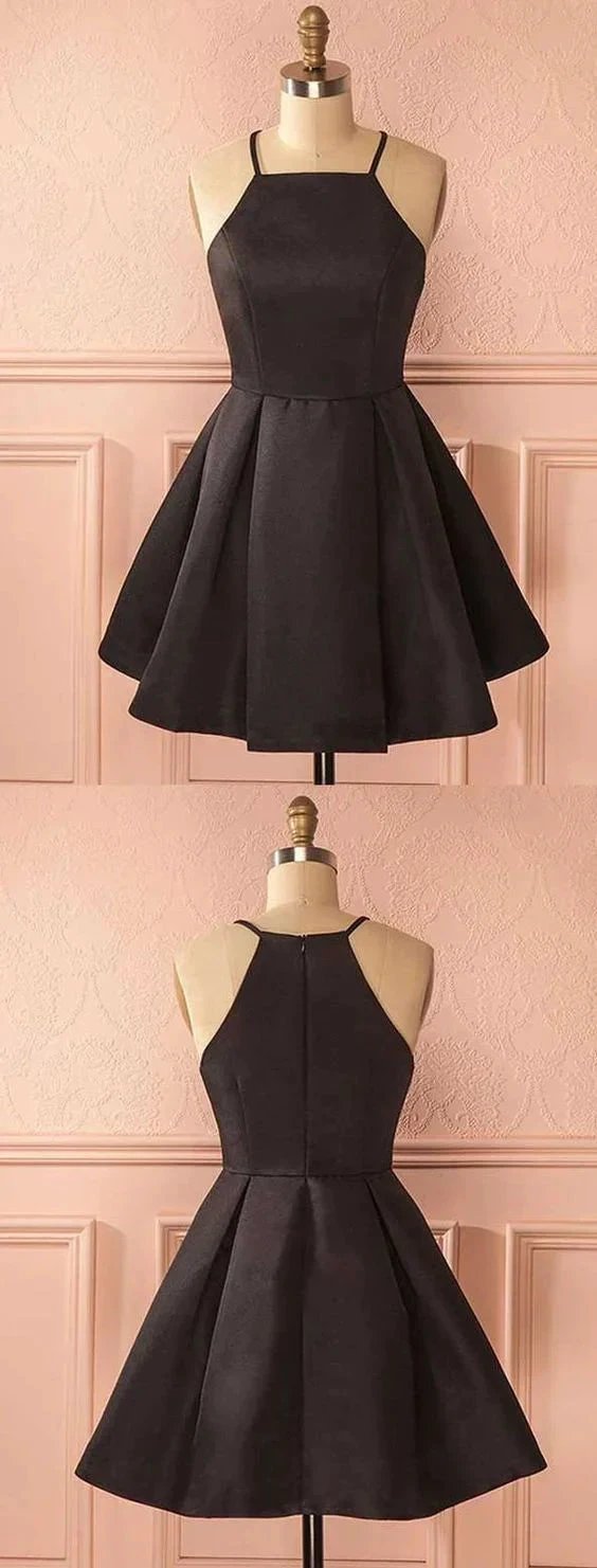 A-Line Square Neck Short Satin Black Homecoming Dress with Pleats S414 by simplepromdress