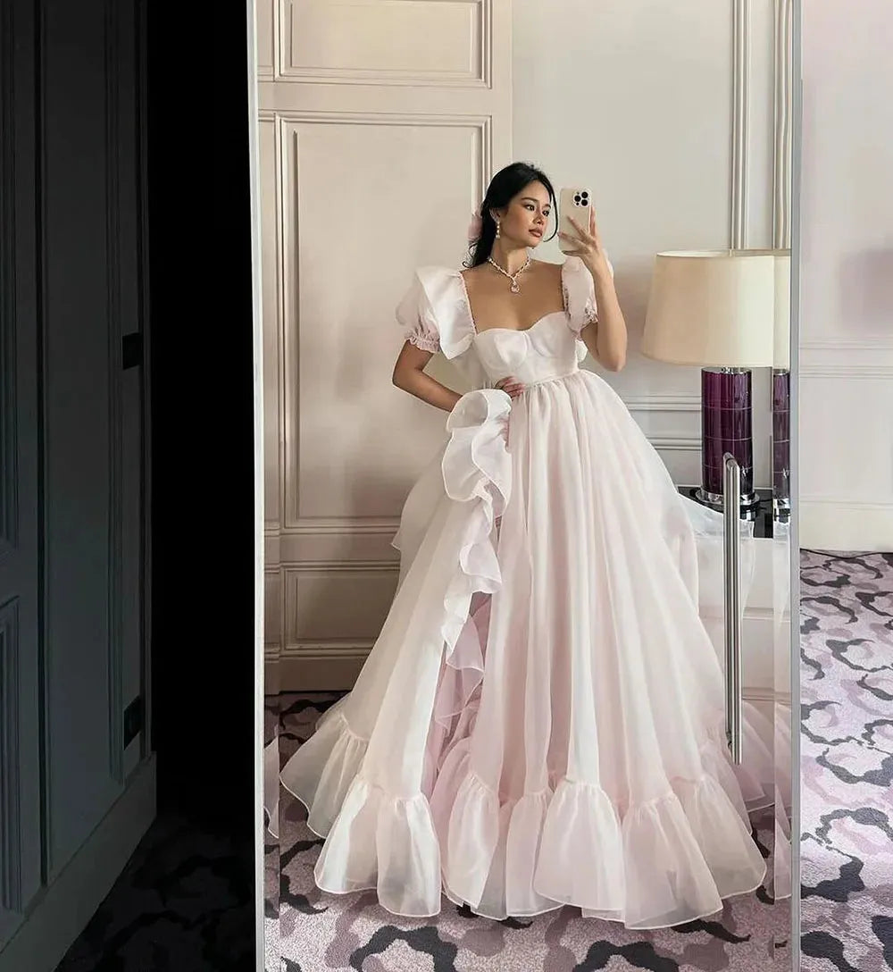 Princess Prom Dresses Cap Sleeves Organza Long Prom Gowns Cap Sleeves Ruched Special Occasion Dress A-Line Party Dress