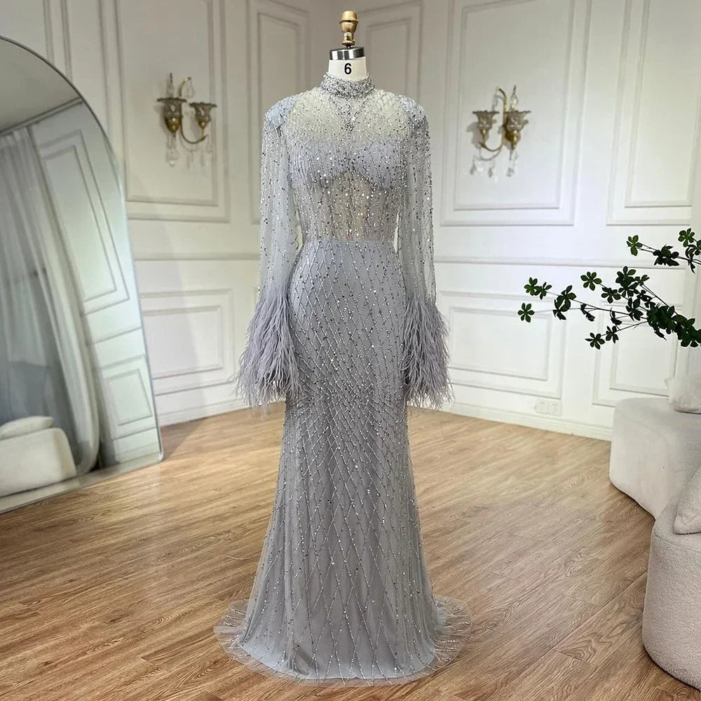 Zapdress Nude High Neck Long Sleeves Feathers Mermaid Beaded Evening Dress Party Gowns for Women DLA72394 Customized (ZD17242)