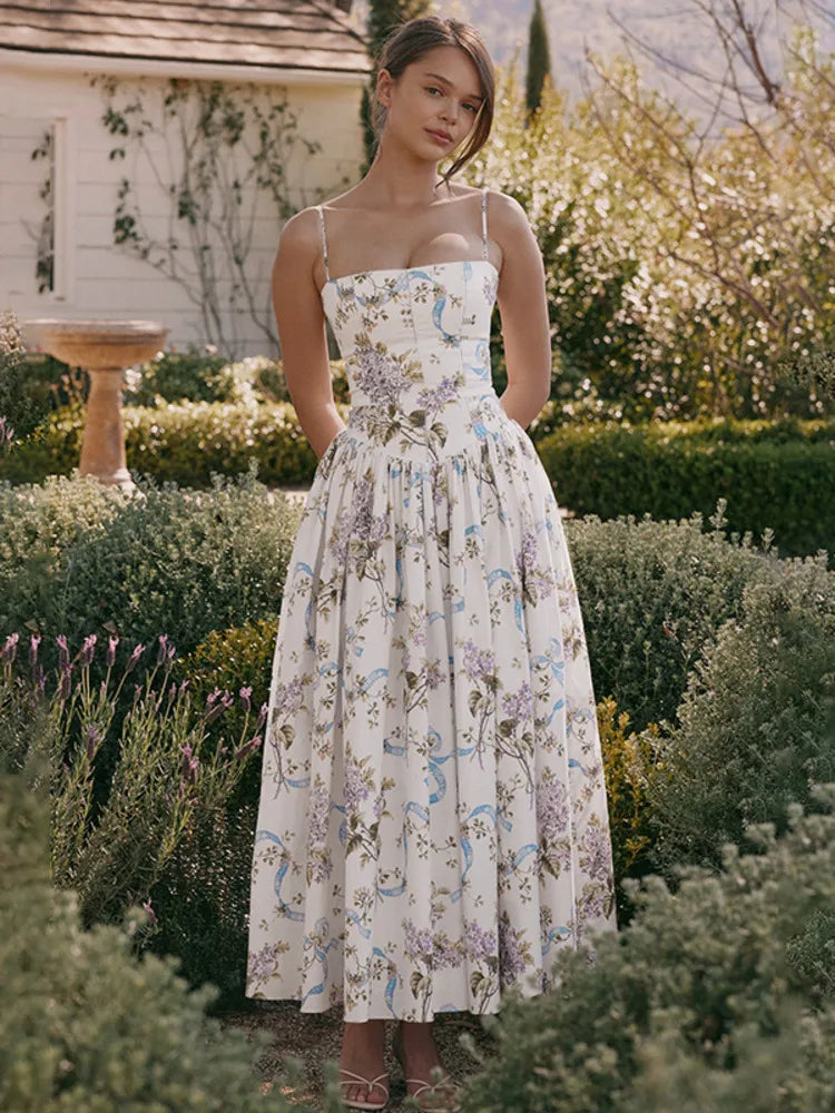 Pleated Print A-line Spaghetti Summer Dress - View 2 | VelvetHem