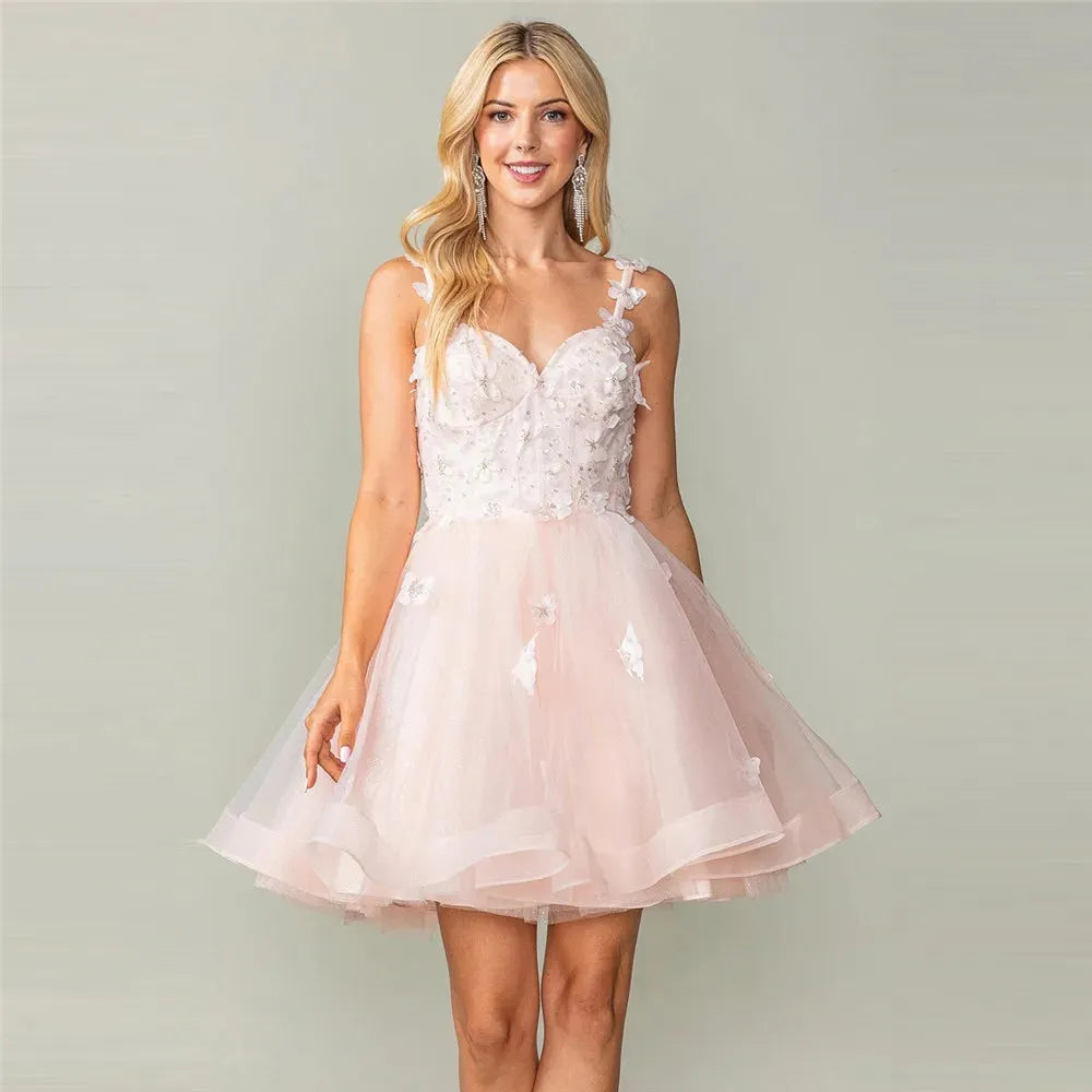 Hearty Tulle Prom Dresses Sweetheart Spaghetti Strap Ruched Appliques Homecoming Dresses vestidos de graduación Pink