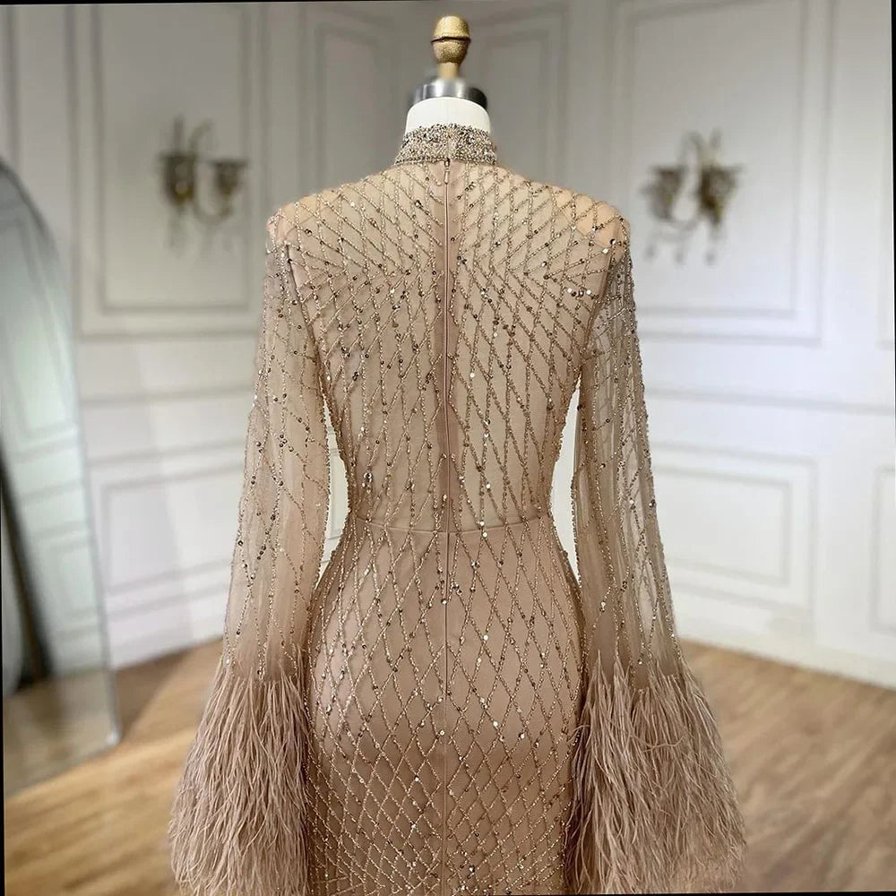 Zapdress Nude High Neck Long Sleeves Feathers Mermaid Beaded Evening Dress Party Gowns for Women DLA72394 Customized (ZD17242)