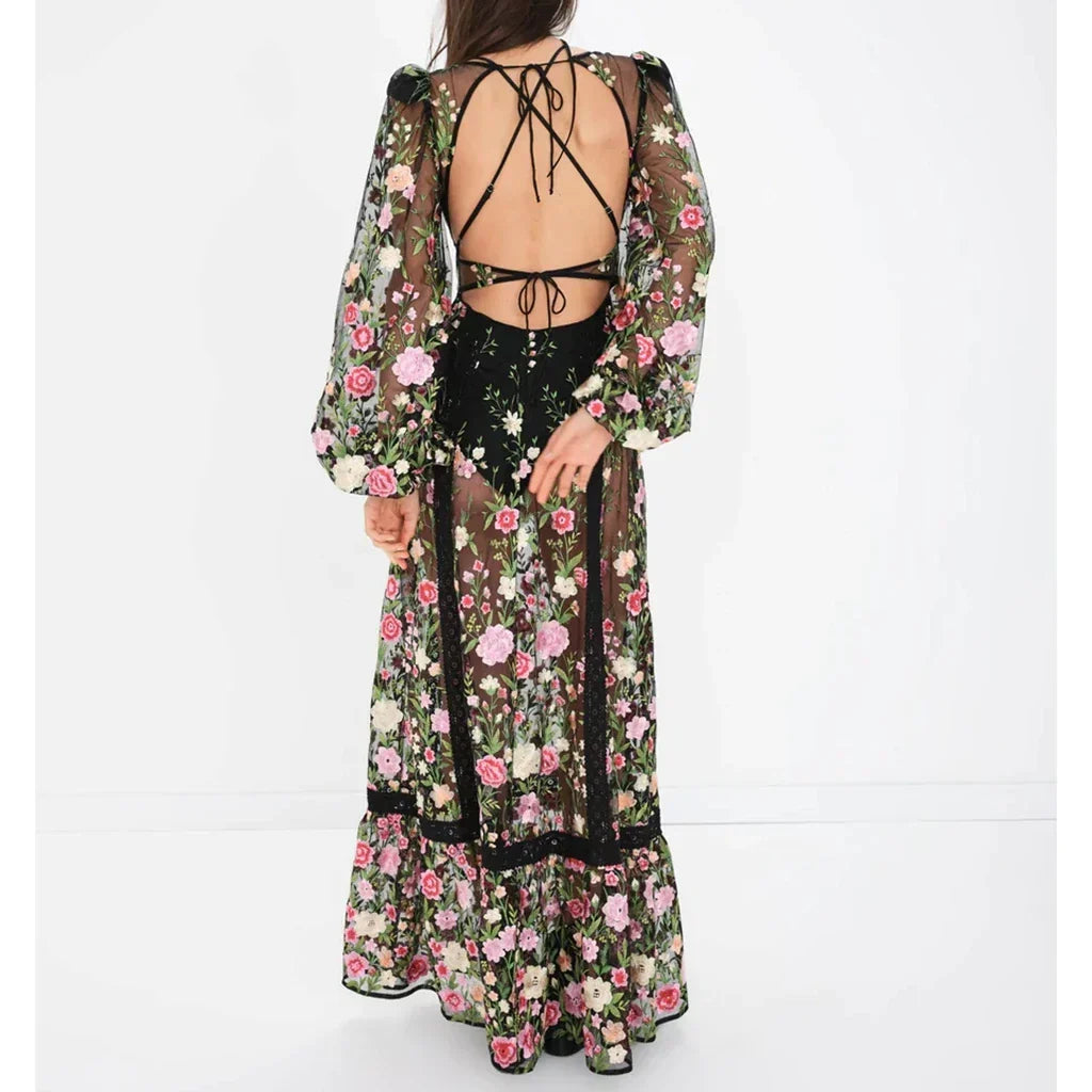 Sheer Lace Embroidery Floral Dress - View 6 | VelvetHem