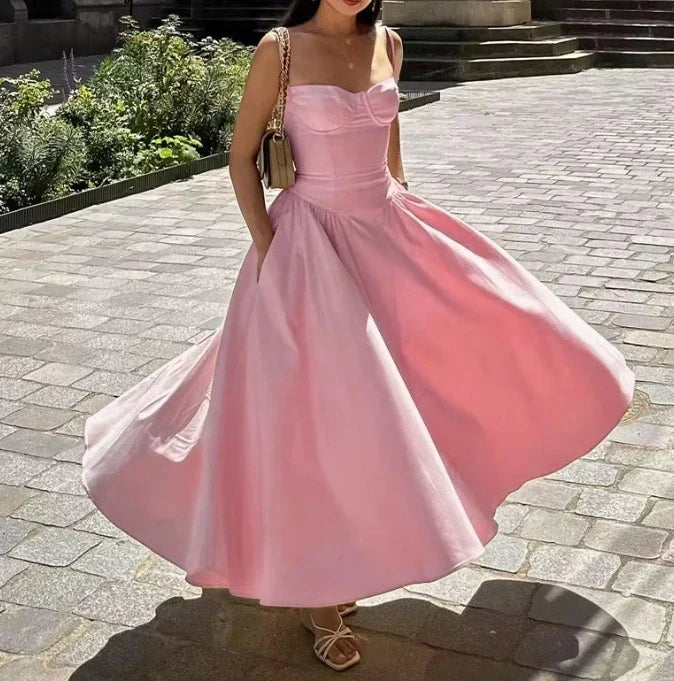 Solid Color French Retro Strap Silk Dress