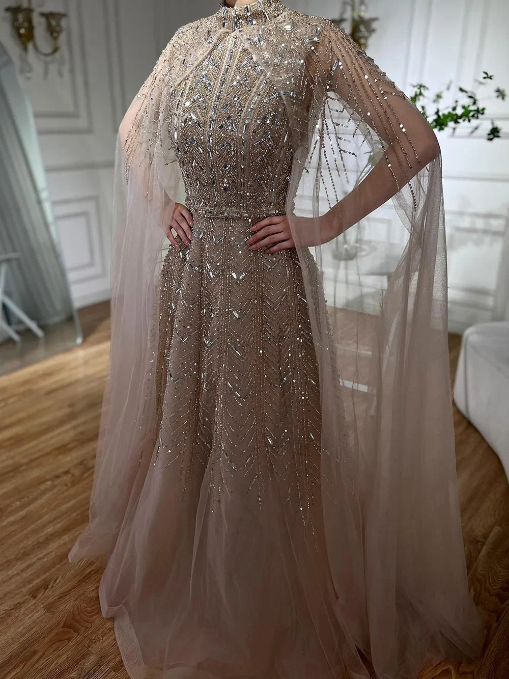 Zapdress Customized 2025 Blue Beaded A-Line Cape Sleeves Formal Evening Dresses Elegant Party Gowns for Women (ZD17192)