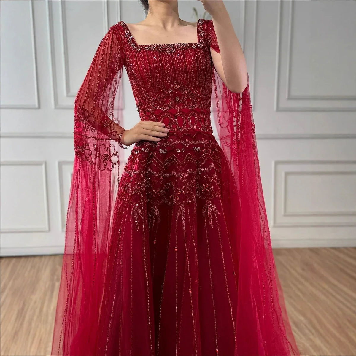 Zapdress Red Square Collar A-Line Beaded Evening Dress with Cape Sleeves 2026 Party Gowns for Women DLA73089A Customized (ZD17190)