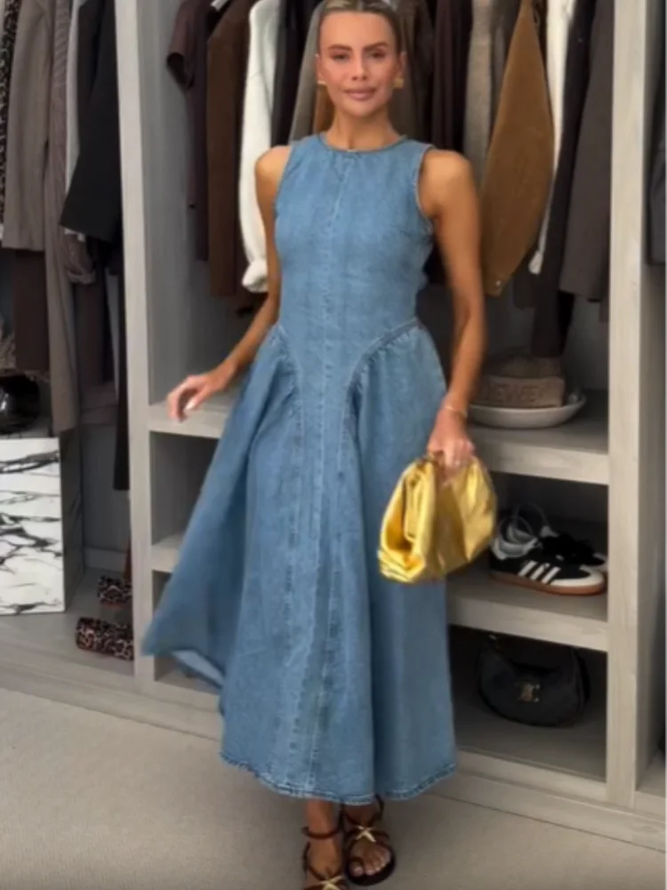 Denim Slim O-Neck Sleeveless High Waist Pleated Work Dress - View 2 | VelvetHem