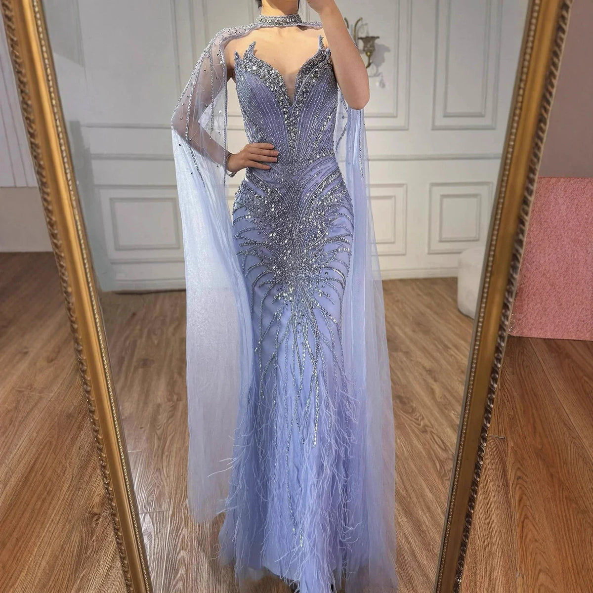 Zapdress White Nude Mermaid Evening Dresses with Cape Beaded Feathers Party Gowns for Formal Occasion Customized (ZD17198)