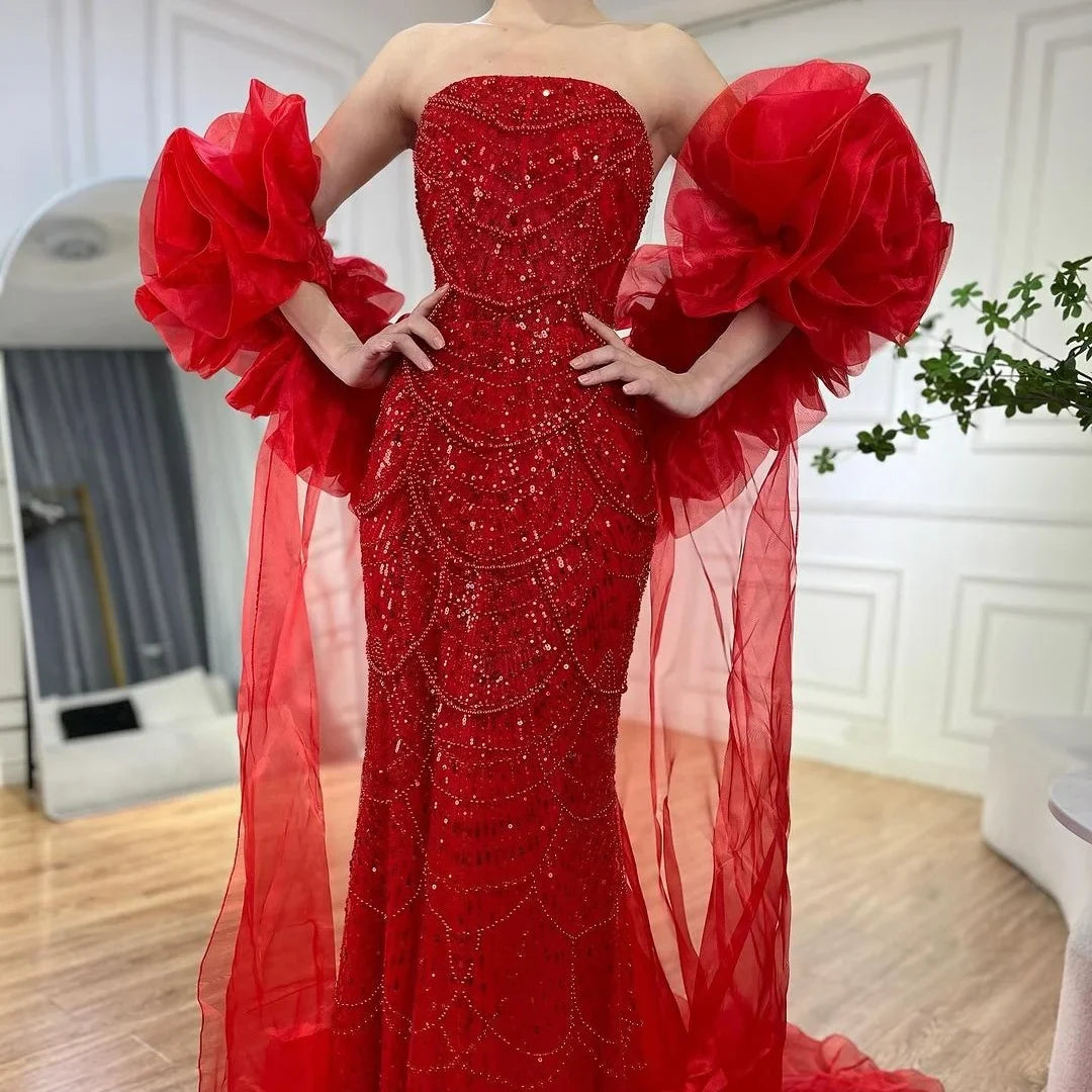 Zapdress Red Strapless Mermaid Pearls Beaded Evening Dress with Cape Wedding Party Gowns for Women DLA72585 Customized (ZD17266)