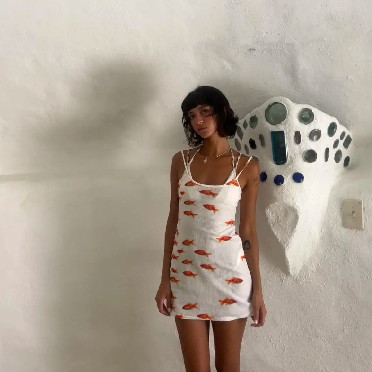 Spaghetti Strap Sheath Mini Goldfish Pattern Slip Dress - VelvetHem