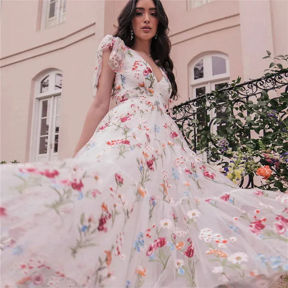 Fairy White Tulle A-Line Prom Dress Deep V-Neck Spaghetti Strap Embroidery Ankle Length Evening Dress vestidos de gala As Picture