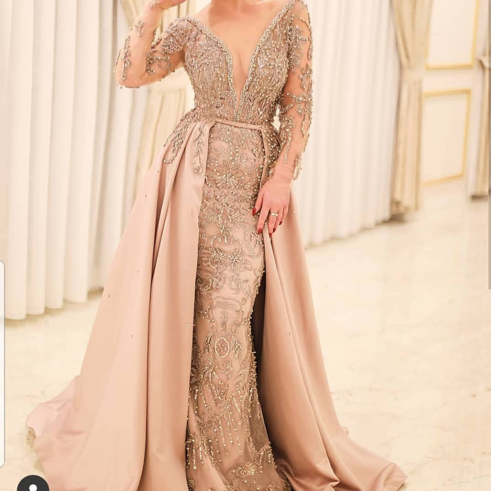 Champagne prom dresses long sleeve beading sequins detachable train crystal beading evening dresses S23375 - VelvetHem