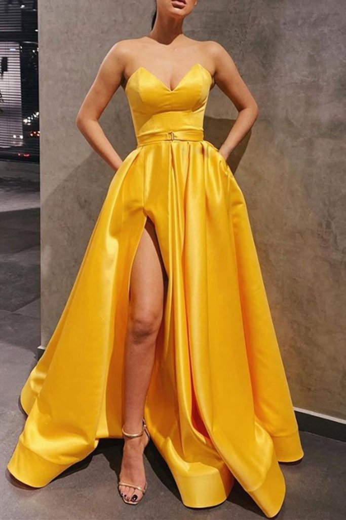 Strapless Sweetheart Neck Yellow Satin Long Prom Dress Long Yellow Formal Graduation Evening Dress with Slit S20761 - VelvetHem