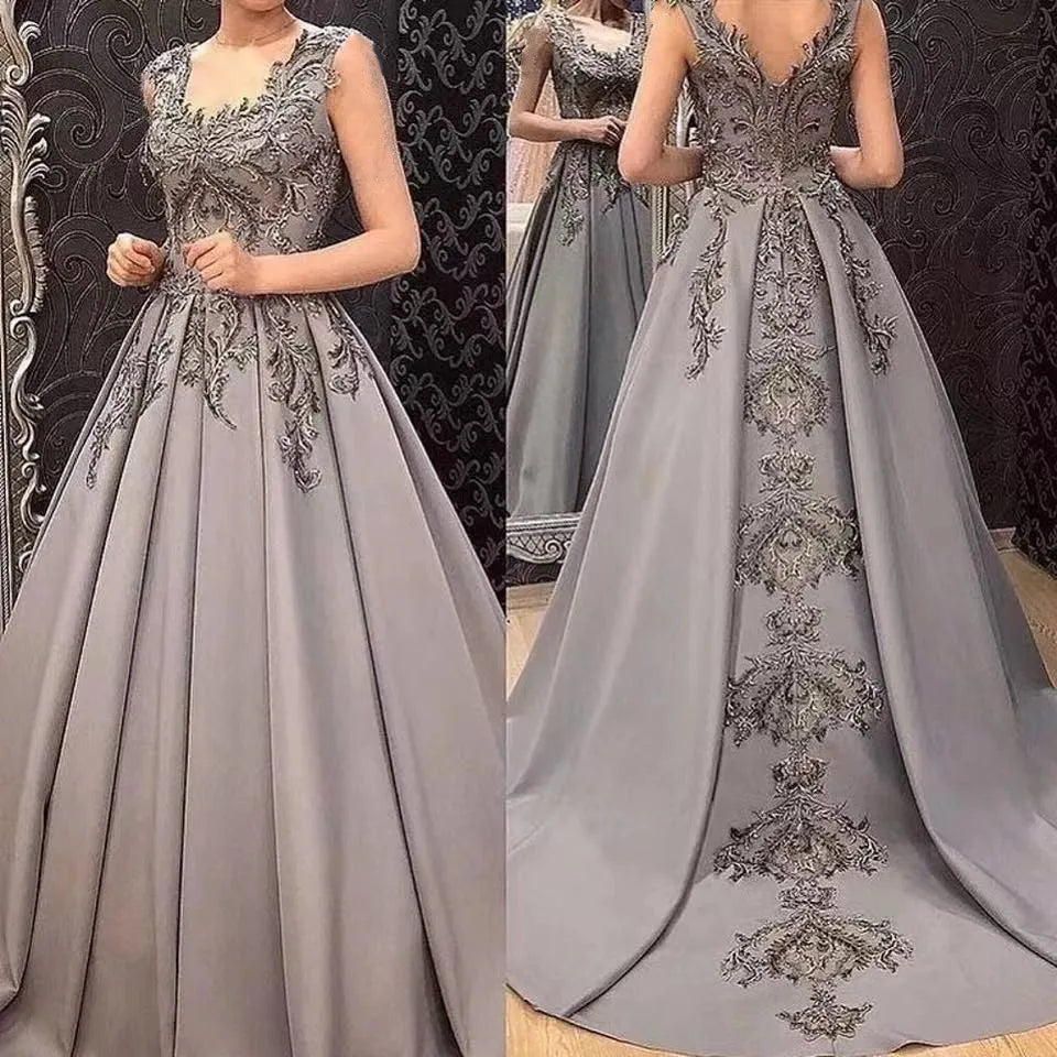 Gray A-Line Evening Dresses Women Formal Party Night Appliques Simple Satin Sleeveless Prom Dress - View 2 | FashionDia