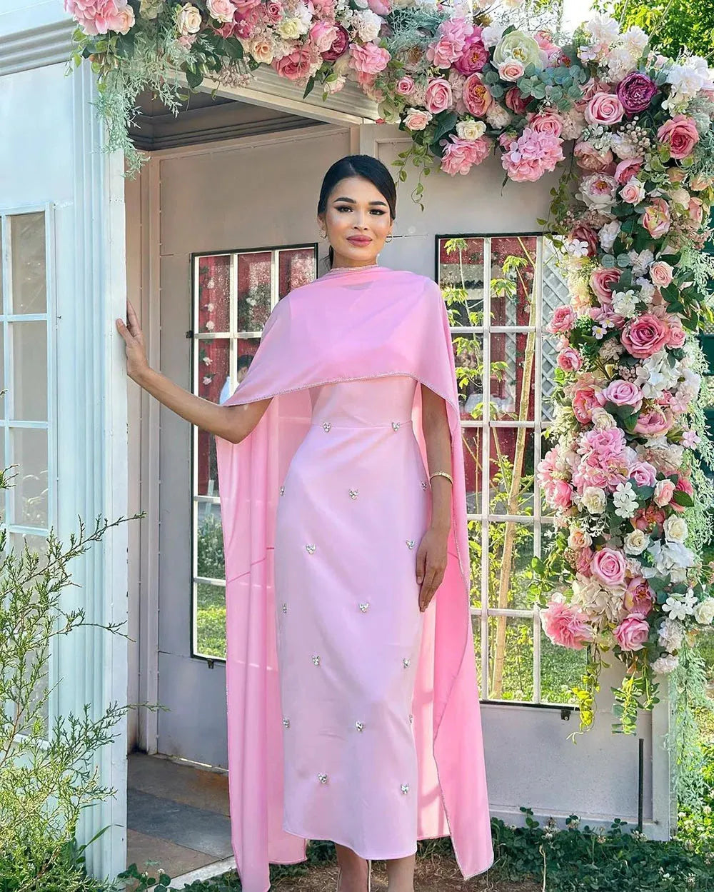 Pink Evening Dress With Cape Ankle Length Prom Dress Garden Formal Occasion Prom Gowns For Women Vestidos