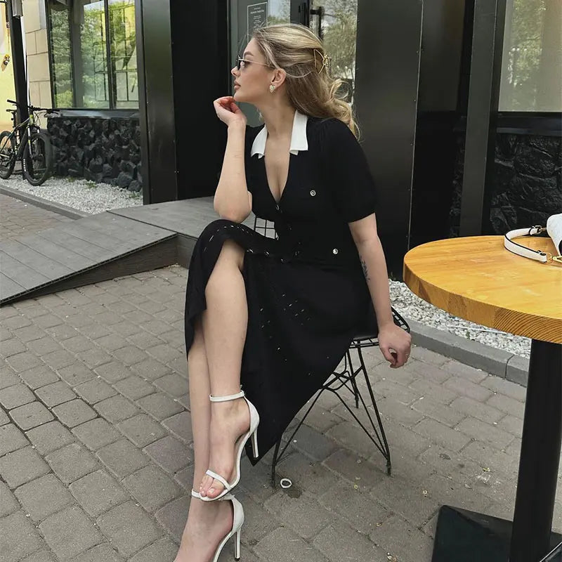 Ribbed Contrast Collar Short Sleeve Buttoned Midi Dress