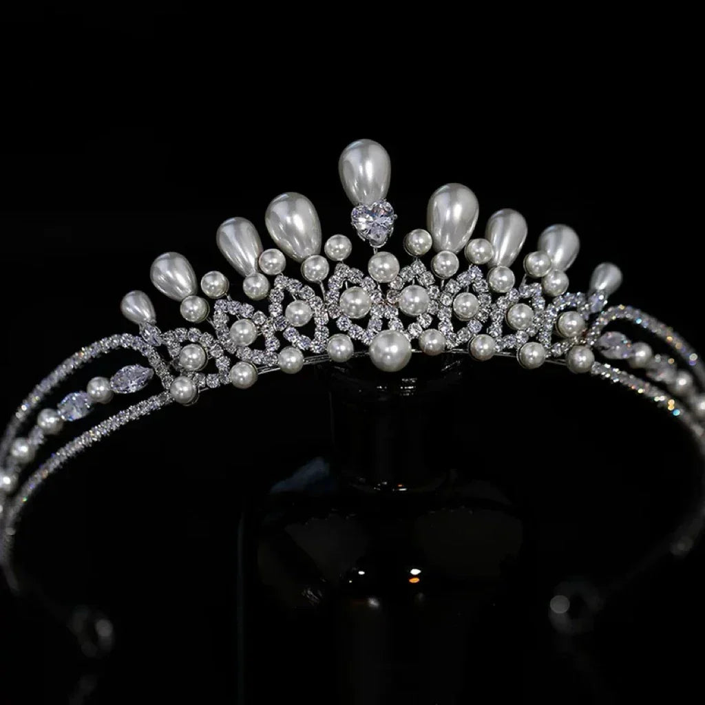 Crystal Pearl Tiaras and Crowns Set Zirconia Diadem For Bride Princess Queen Headband Bridal Hair Jewelry Wedding Accessories