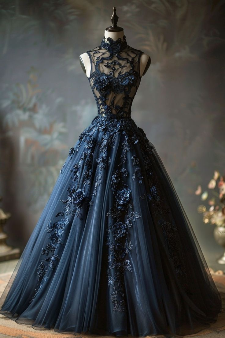 Luxury A-Line Navy Blue Tulle 3D Flowers High Neck Long Evening Dress Ball Gown - FashionDia
