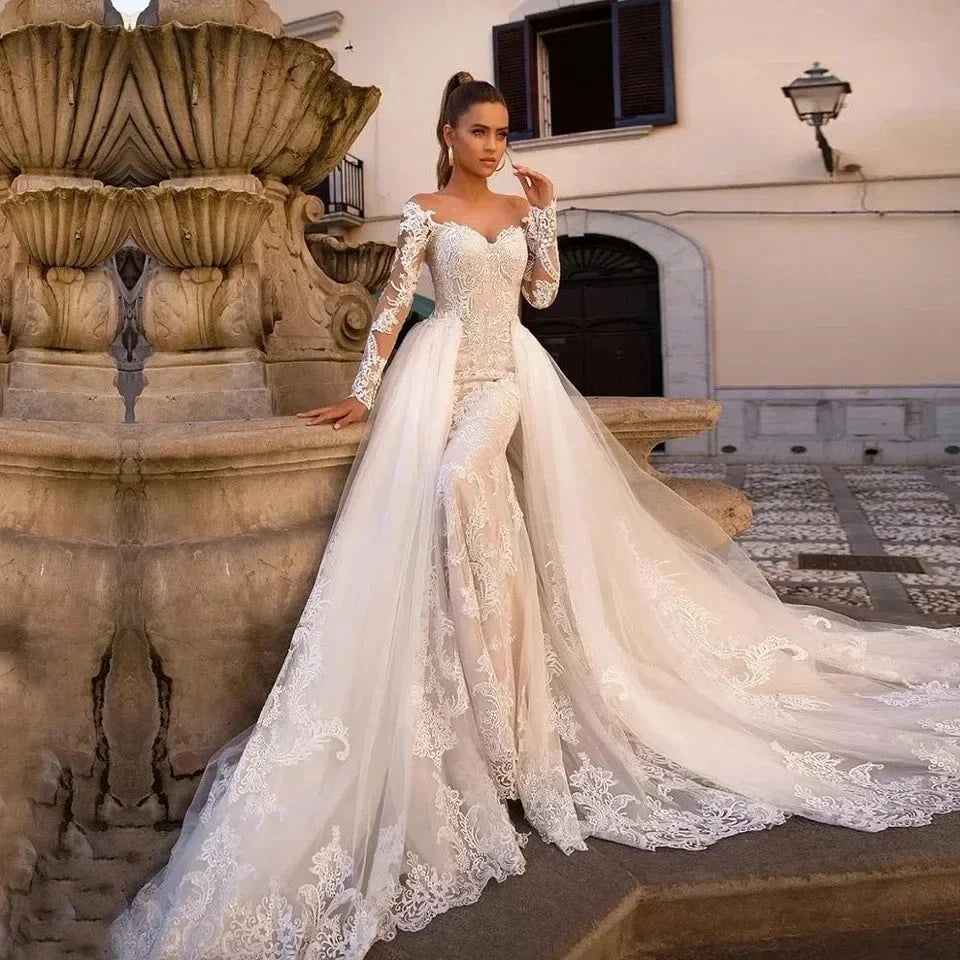 Vintage Mermaid Wedding Dresses With Detachable Train Long Sleeves Applique Beach Vestidos De Novia Summer Boho Bridal Gowns (ZD14079)