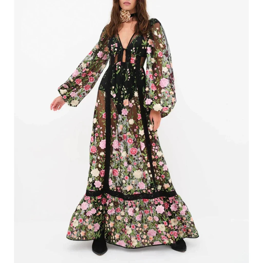 Sheer Lace Embroidery Floral Dress - View 4 | VelvetHem