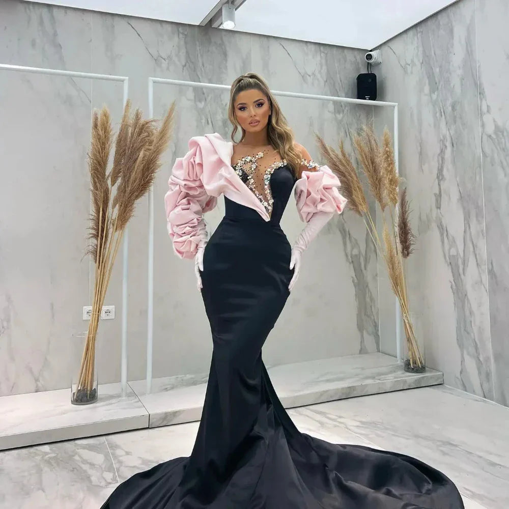Elegant Mermaid Evening Dress Sheer-Neck Pleated Ruffles Sleeves Long Party Gowns Sexy Custom Sweep Train Robes De Soirée As Picture