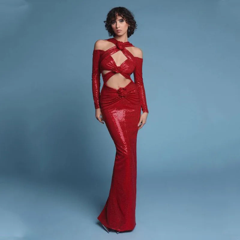Luxury V - Neck Slit Evening Dress �Floral Hem Party Elegance