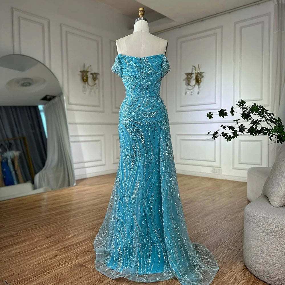 Zapdress Light Blue Off Shoulder Mermaid High Split Beaded Evening Dresses Party Gowns For Women 2025 DLA72262 Customized (ZD17269)