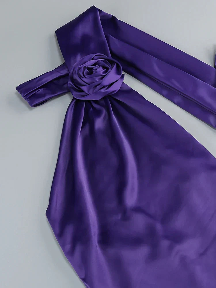 Purple Satin Halter Neck 3D Flower Scarf Maxi Dress