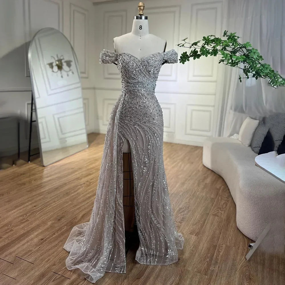 Zapdress Light Blue Off Shoulder Mermaid High Split Beaded Evening Dresses Party Gowns For Women 2025 DLA72262 Customized (ZD17269)
