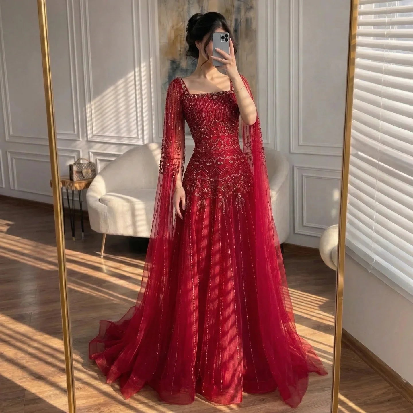 Zapdress Red Square Collar A-Line Beaded Evening Dress with Cape Sleeves 2026 Party Gowns for Women DLA73089A Customized (ZD17190)