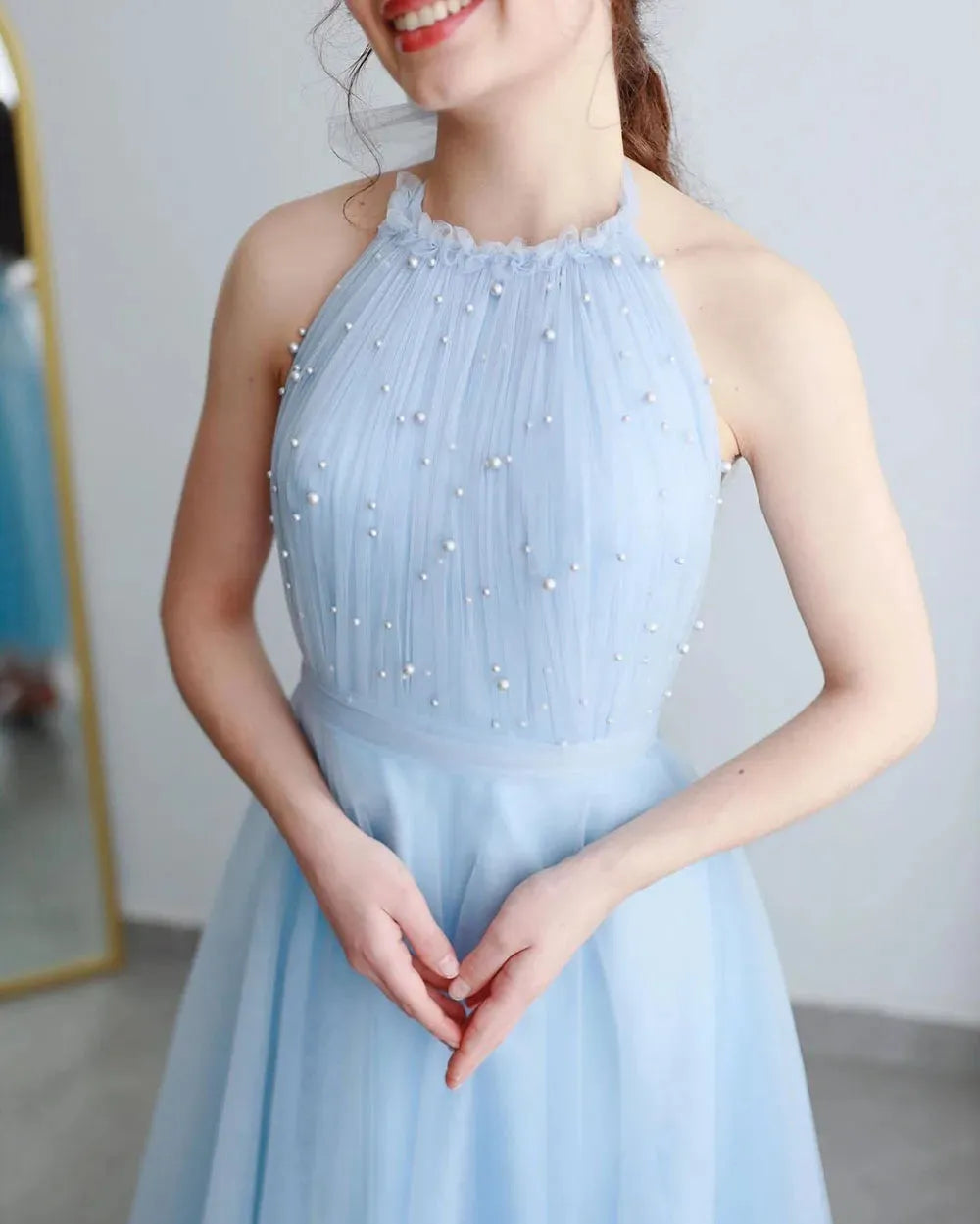 Blue Short Evening Dress Backless Tulle Pearls A-Line Prom Gowns Ankle Length Prom Dresses Graduation Party Gown