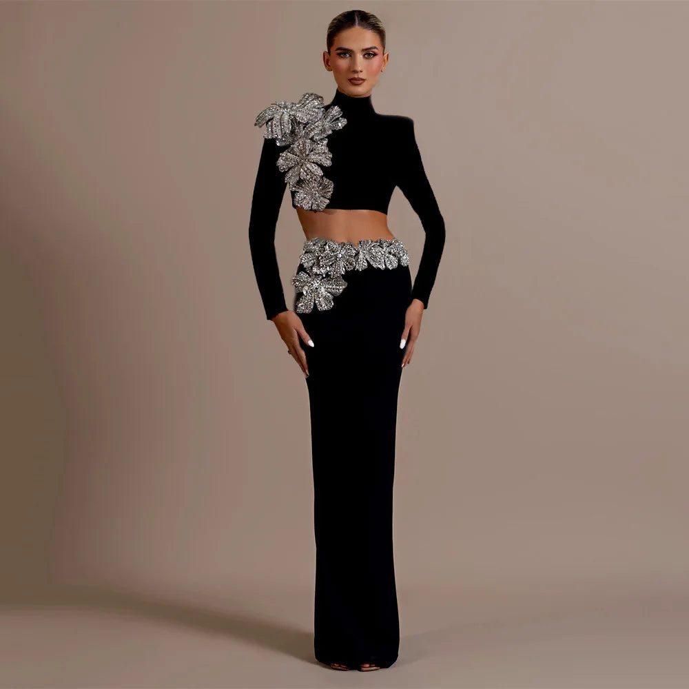 Black Red Women Long Sleeve Diamond Florals 2 Pieces Bodycon Long Bandage Dress Celebrate Evening Party Christmas Dress black