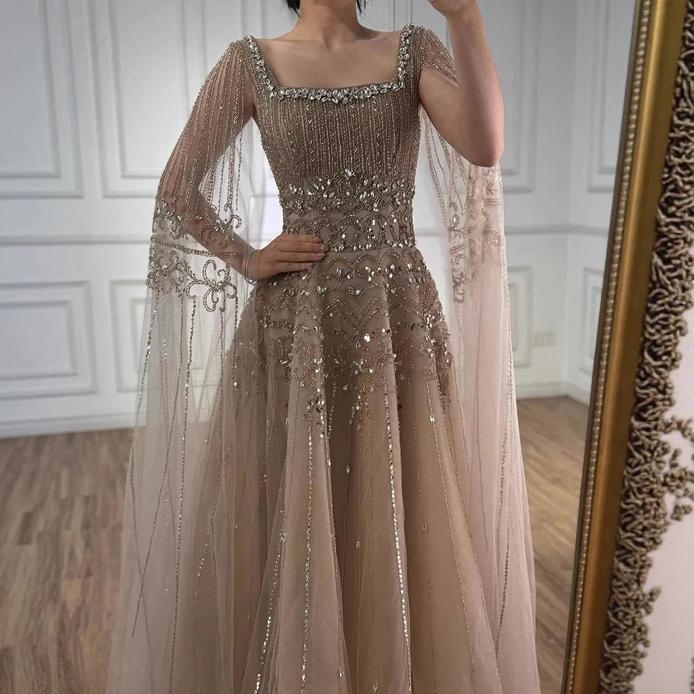 Zapdress Red Square Collar A-Line Beaded Evening Dress with Cape Sleeves 2026 Party Gowns for Women DLA73089A Customized (ZD17190)