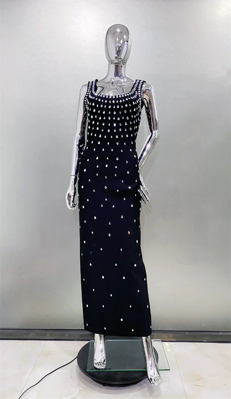Luxury Diamonds Sexy Square Collar Package Hips Bandage Dress Fashion Woman Evening dress Celebrity Cocktail Party Outfit black