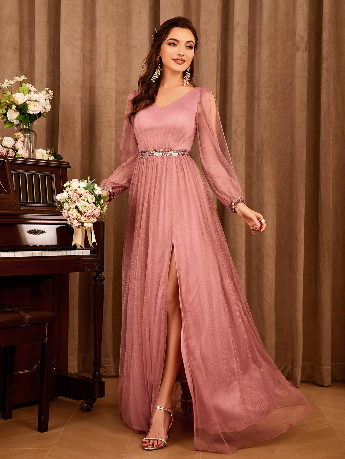 Gauze Applique Slit V-neck Maxi Dress - View 7 | VelvetHem