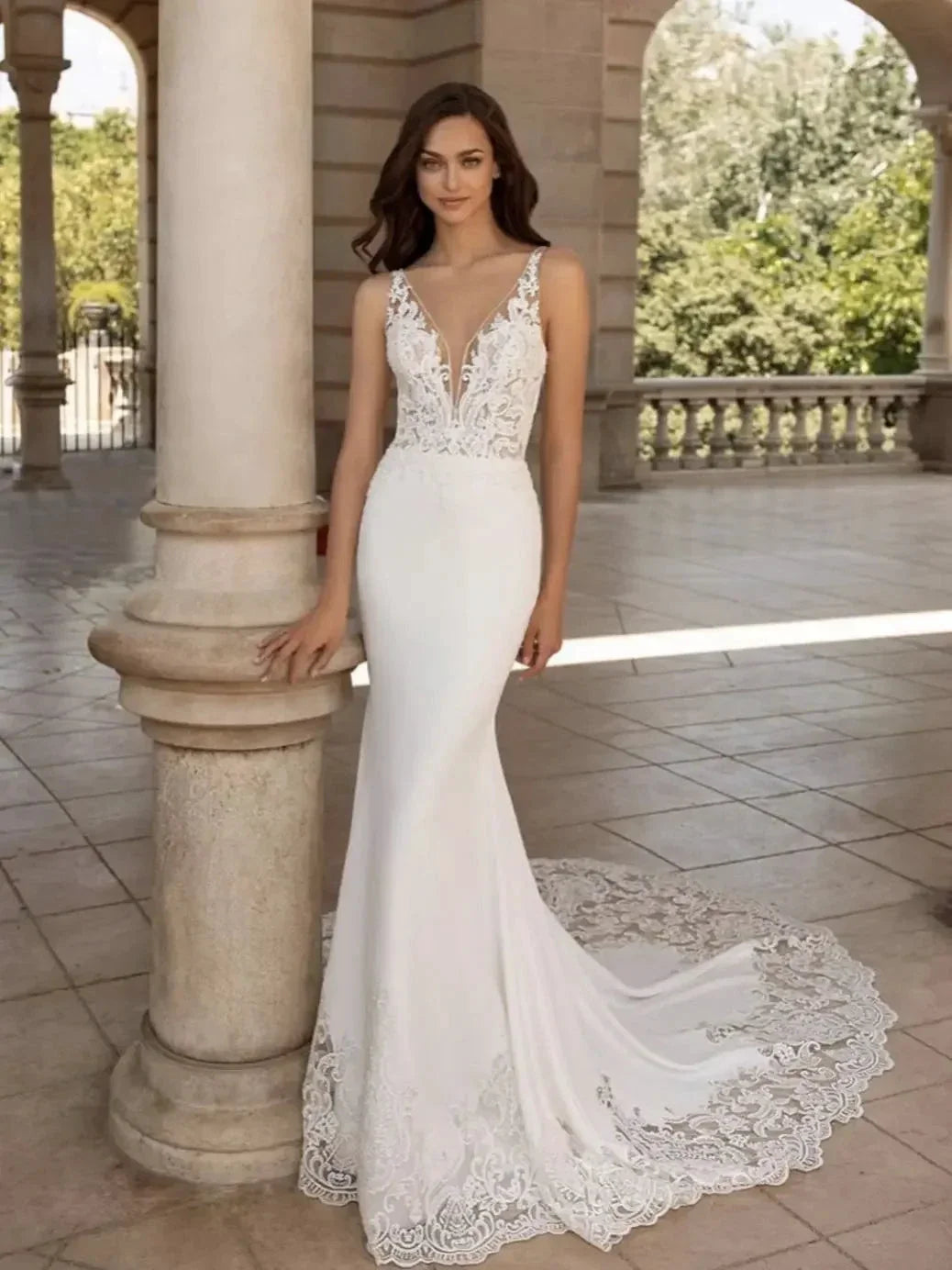 Brush Train Mermaid Wedding Dresses Sexy Depp V-neck Vestidos De Novia Sleeveless Appliques Vestido De Noiva (ZD14061)