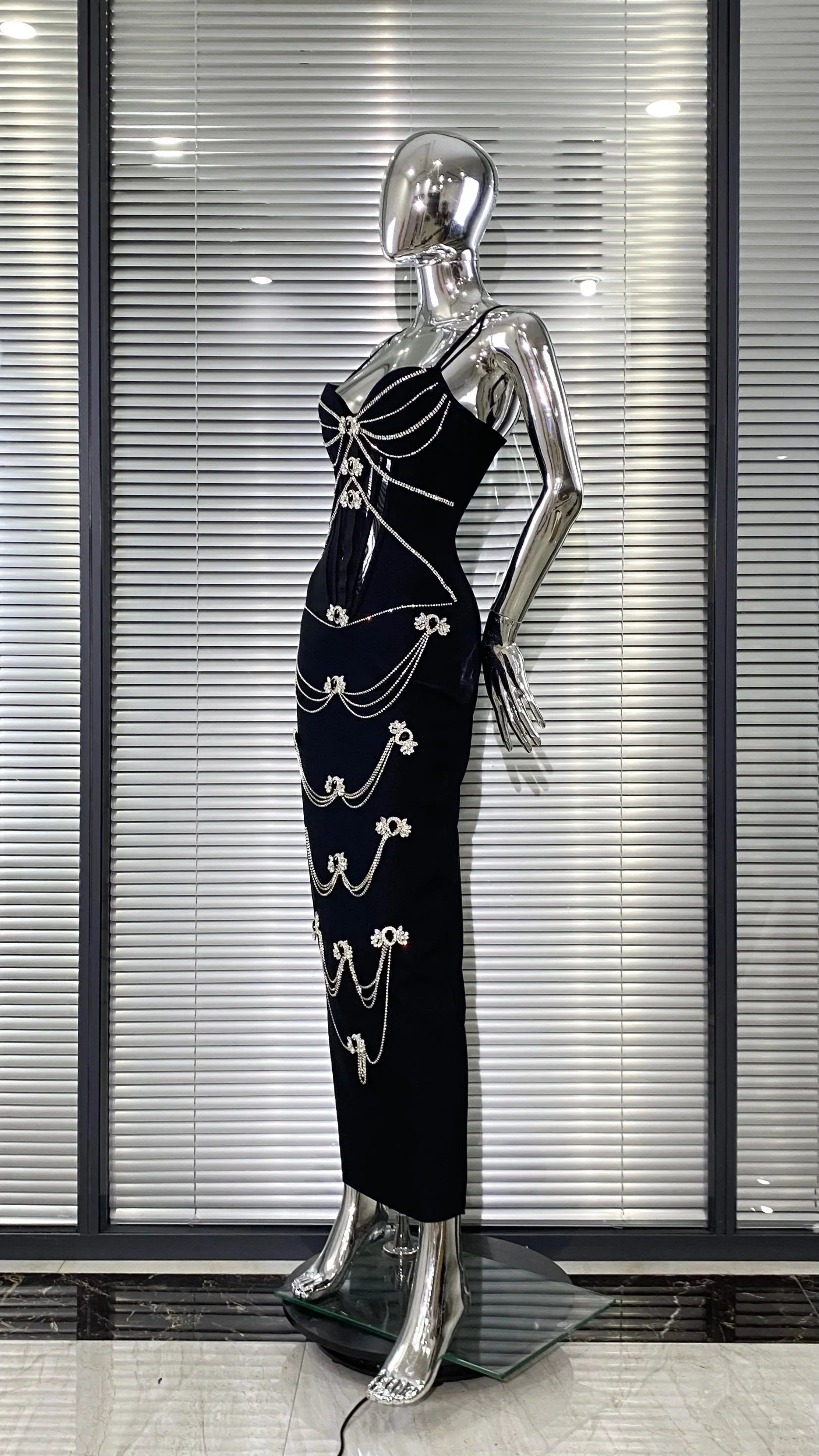 Luxury Woman Haute Couture Evening Dress Sparkling Diamonds Strapless Black Ankle Length Bandage Dress Birthday Party Outfit