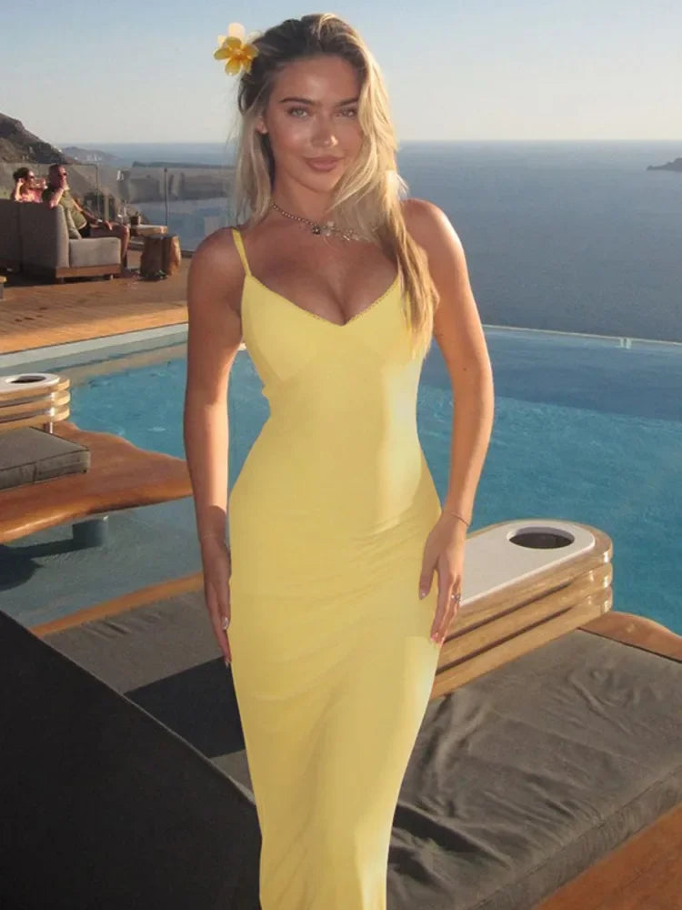 Yellow Spaghetti Strap Backless Bodycon Slip Dress - VelvetHem