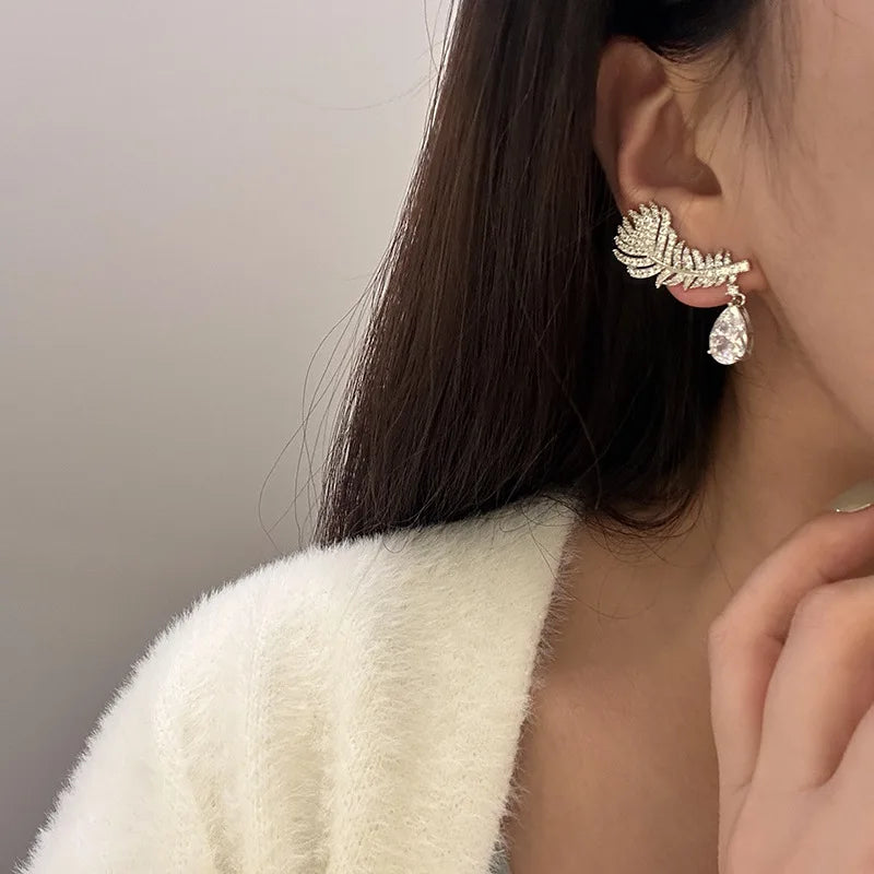 AAA Zircon Bridal Earrings Feather Cubic Zirconia Wedding Earring For Bride Bridesmaids Accessories Women Birthday Gifts Jewelry - View 5 | FashionDia